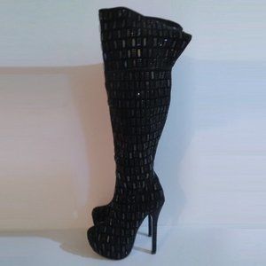 SHEIKH 7 BLACK SPARKLY RHINESTONE STILETTO HEEL BOOTS women's